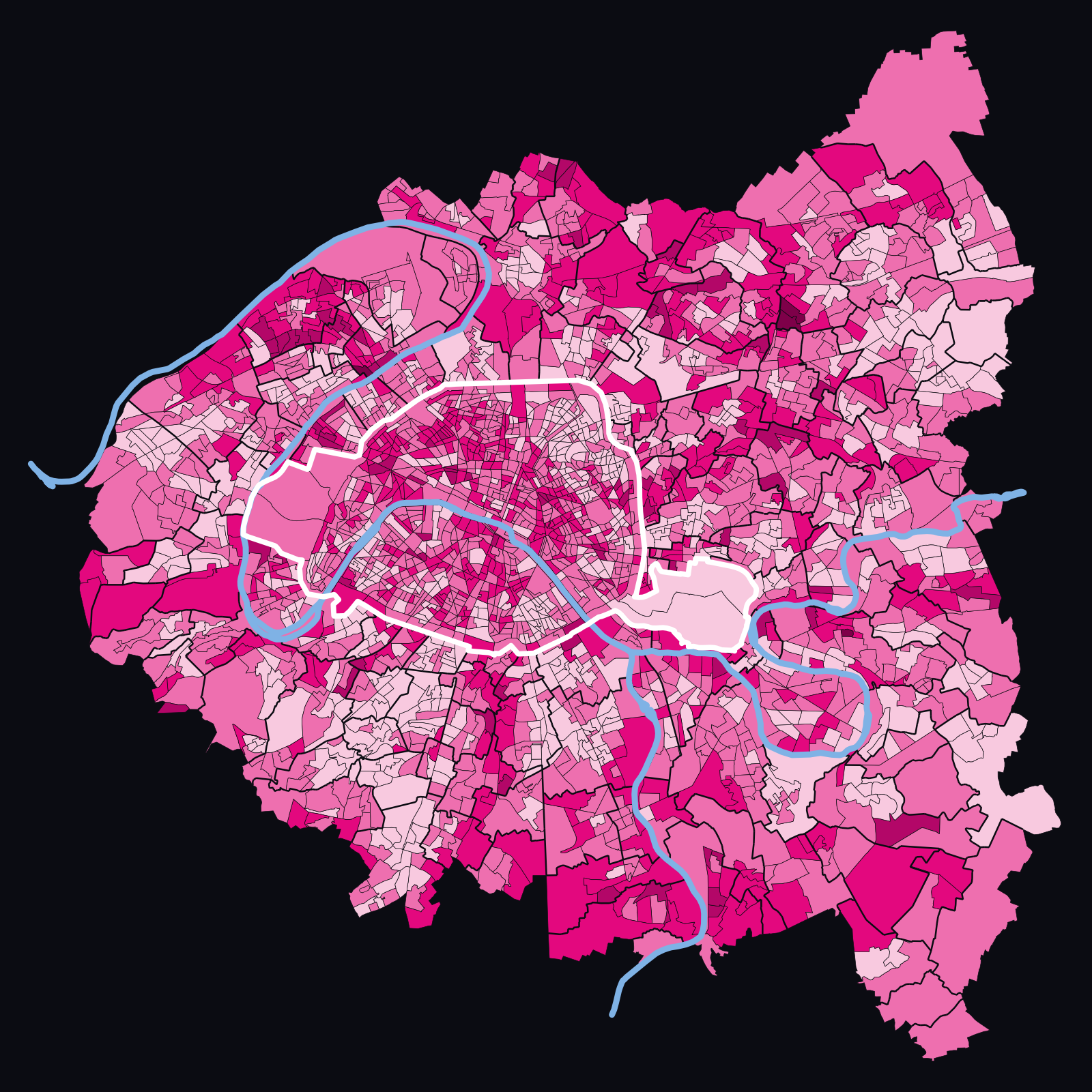 Carte des 2&nbsp;752 quartiers de Paris et de la petite couronne, colorés selon le nombre d’expositions cumulées
